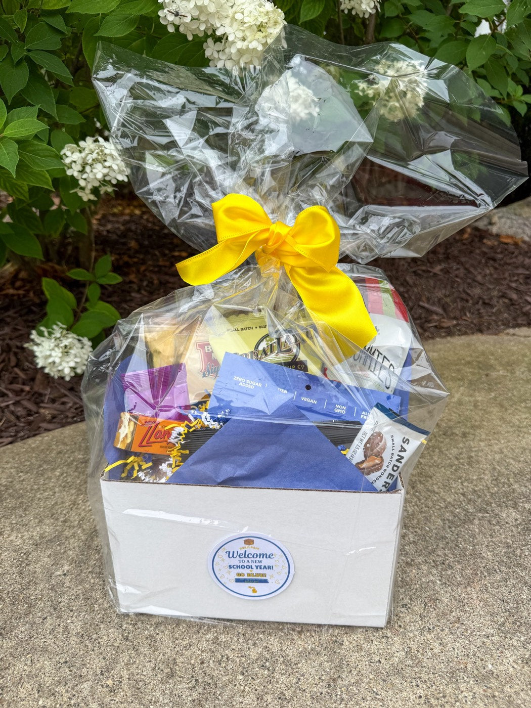Welcome Box wrapped in cellophane with a maize bow