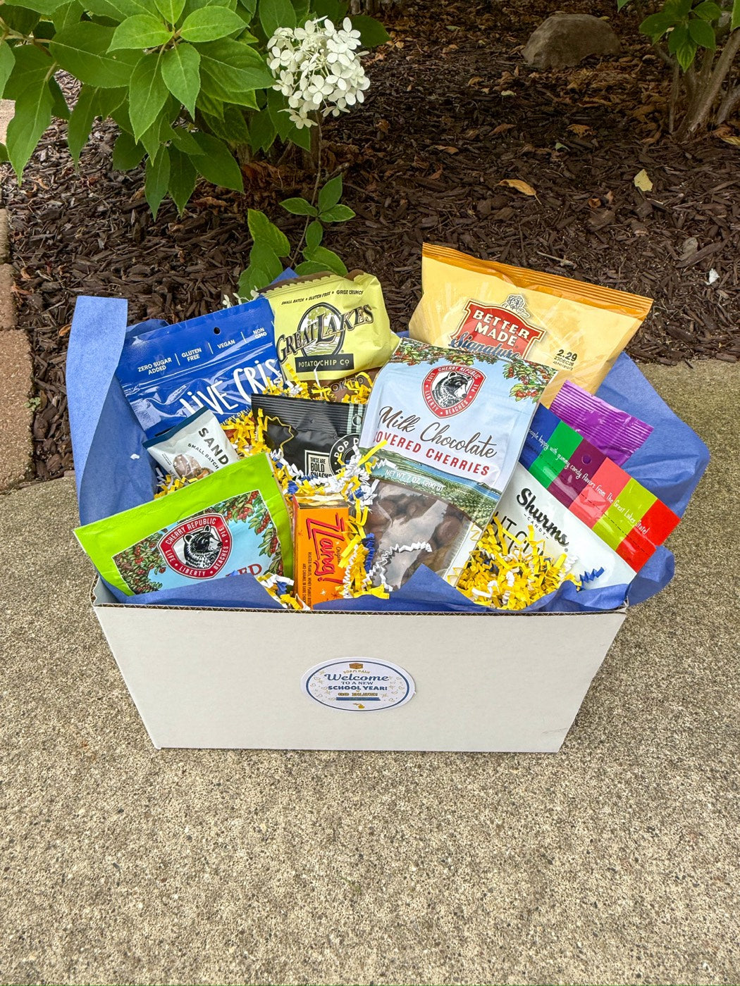 Deluxe Welcome Box packed with Michigan snacks in blue tissue paper