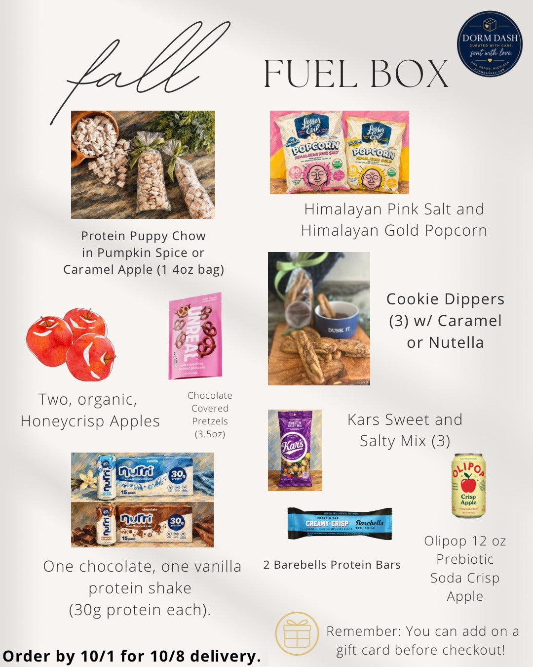 What is inside the Dorm Dash Fall Fuel Box