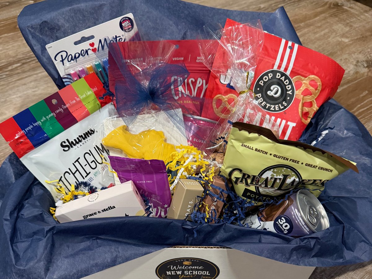 A custom Dorm Dash box built to order, packed with snacks, candy and treats