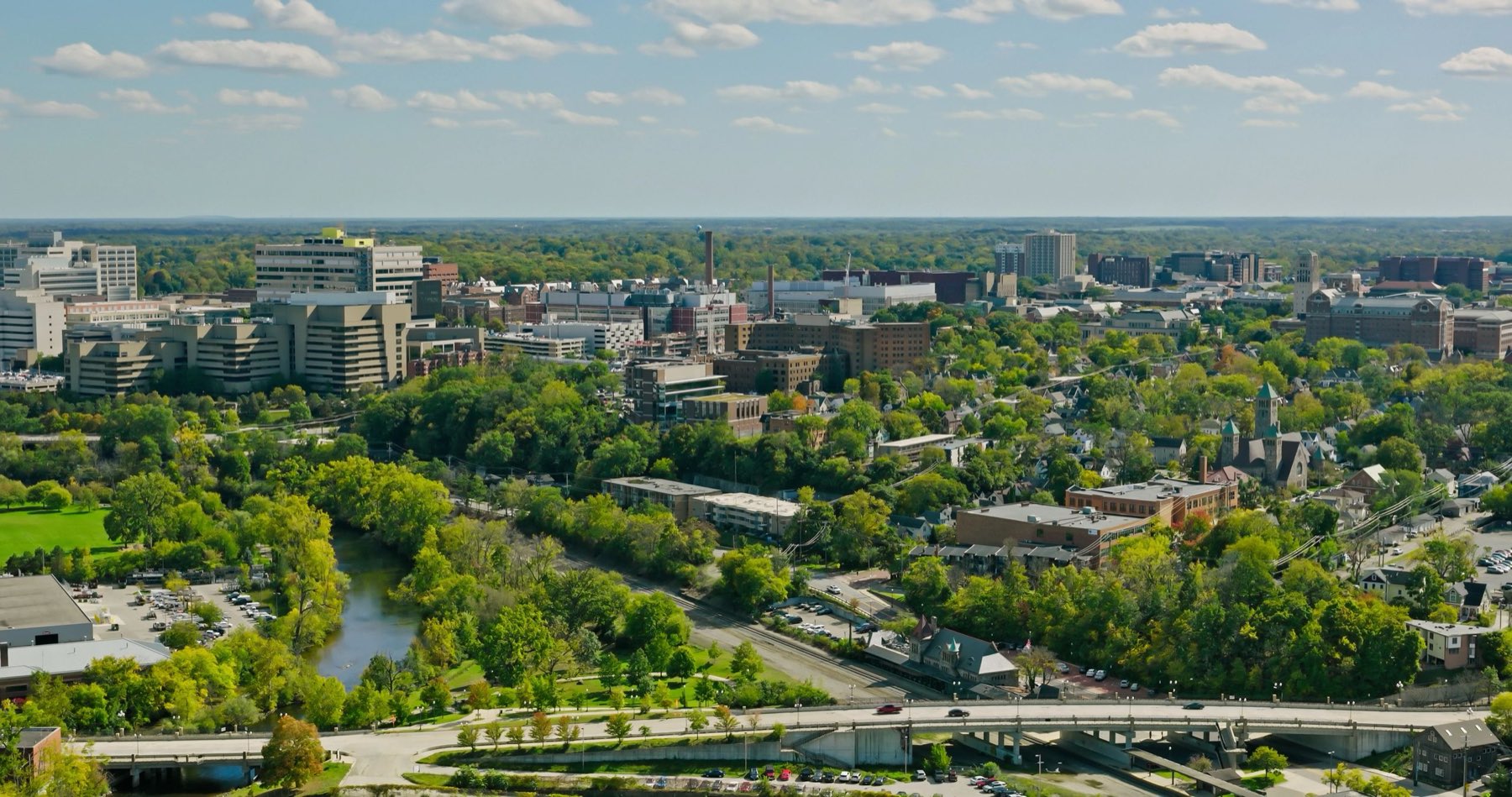 Aerial view of Ann Arbor and the University of Michigan campus